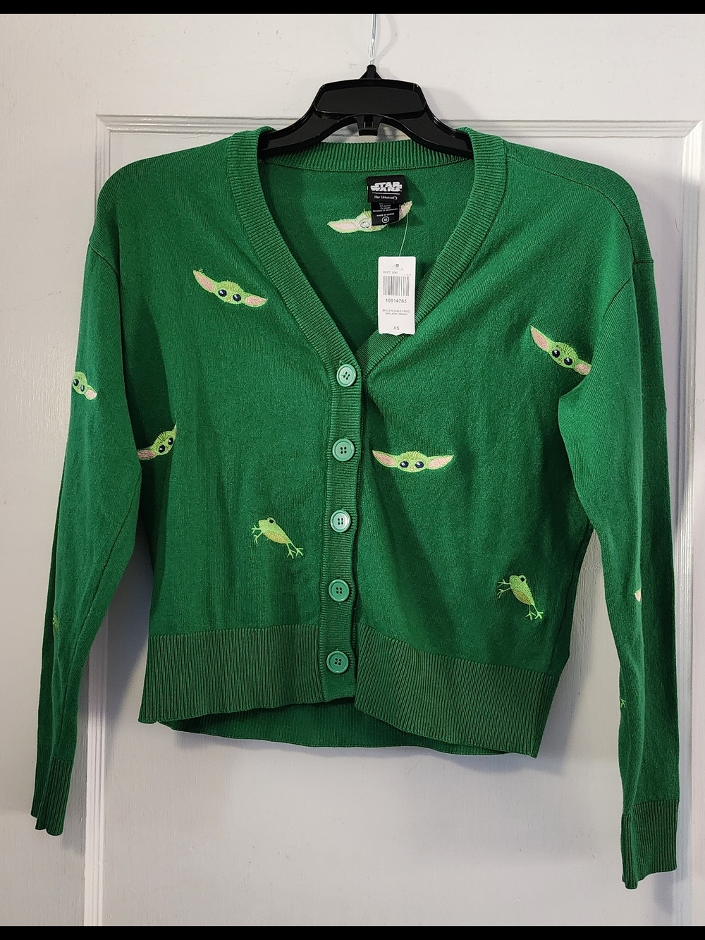 Her Universe Green Grogu (Baby Yoda) Cardigan Sweater with Frog Motifs